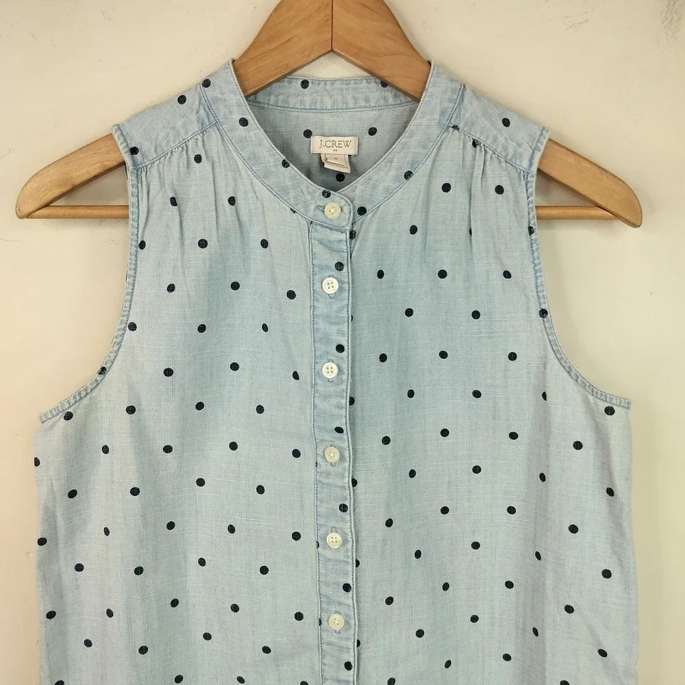 J.Crew Sleeveless Button Up Shirt 2 Womens Polka Dot Chambray Denim Blue
